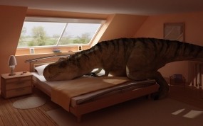 Обои Динозавр отдыхает: Спальня, Кровать, Динозавр, Рендеринг