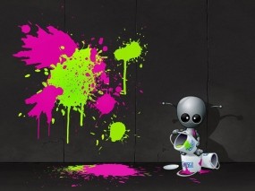 Обои Robot Artist: Стена, Художник, Граффити, Краска, Рендеринг