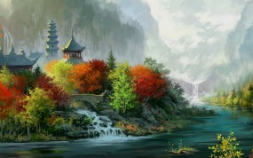 Обои Нарисованный Пейзаж Японии: Осень, Япония, Дома, Речка, Пейзаж, Разное
