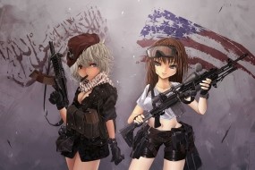 Обои Девочки с оружием: Оружие, Автоматы, Телки, Флаги, Аниме