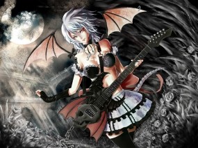 Обои Аниме девушка с гитарой: Крылья, Гитара, Демон, Аниме