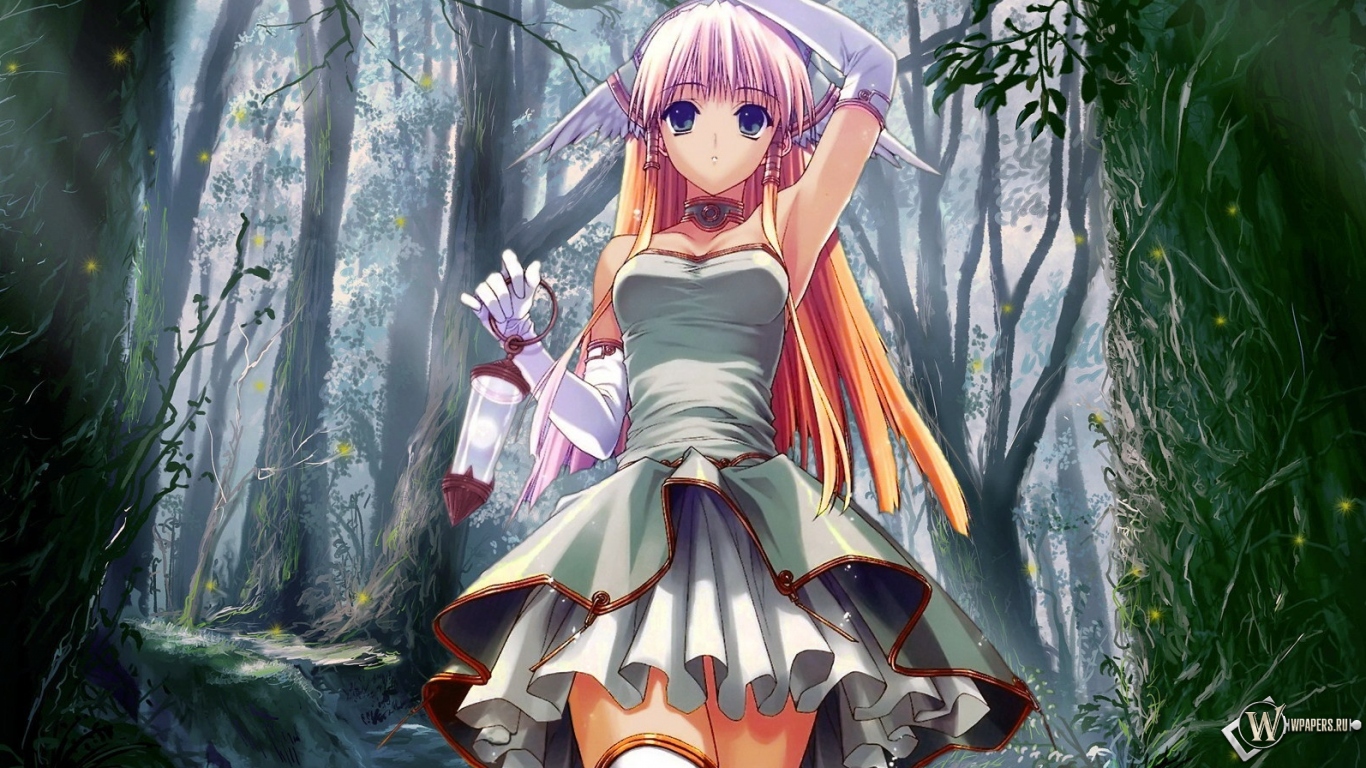 Anime girl in forest 1366x768