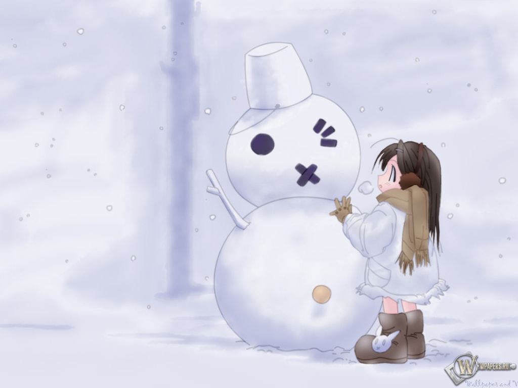 Снеговик с девочкой 1024x768