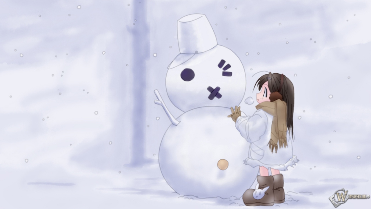 Снеговик с девочкой 1280x720