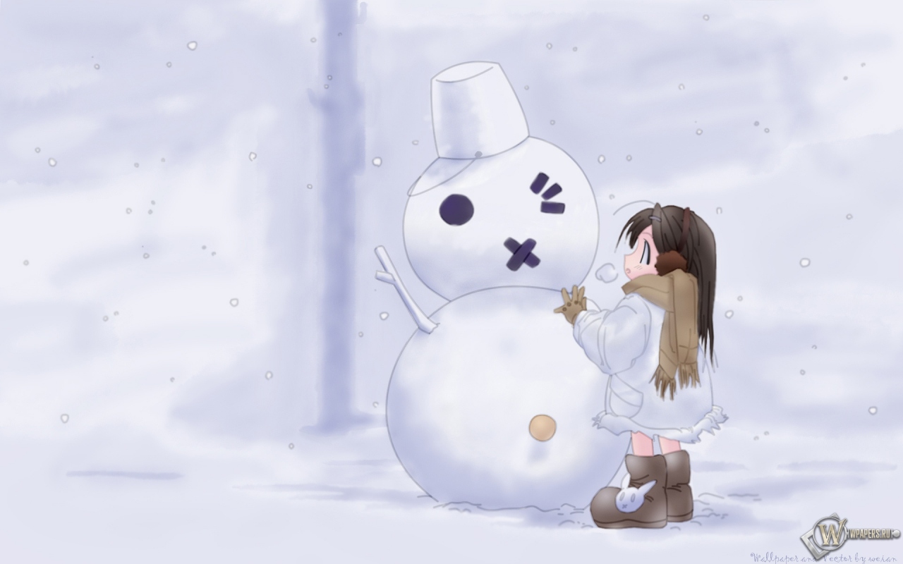 Снеговик с девочкой 1280x800