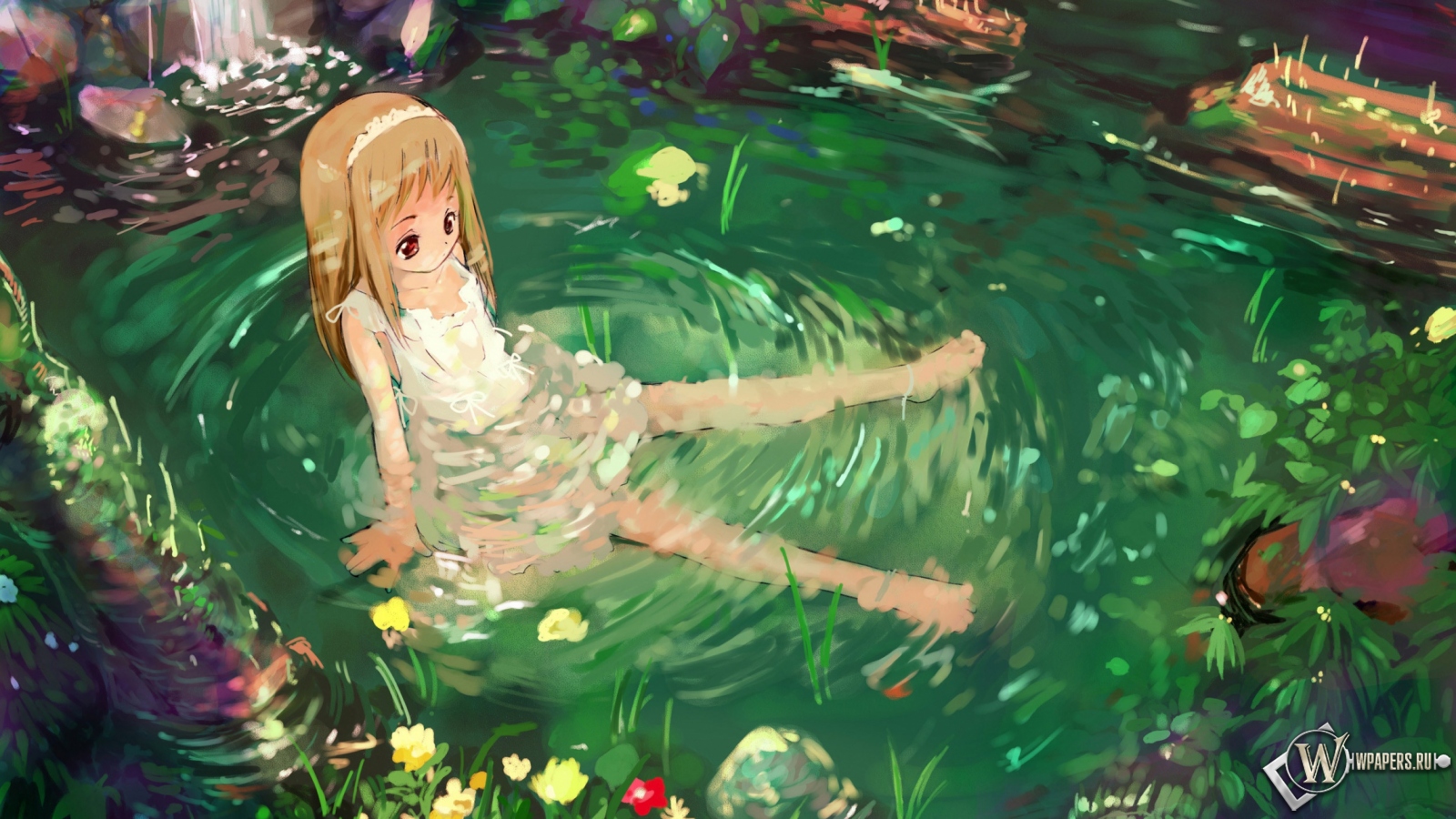 Девочка в зелёном пруду 1600x900
