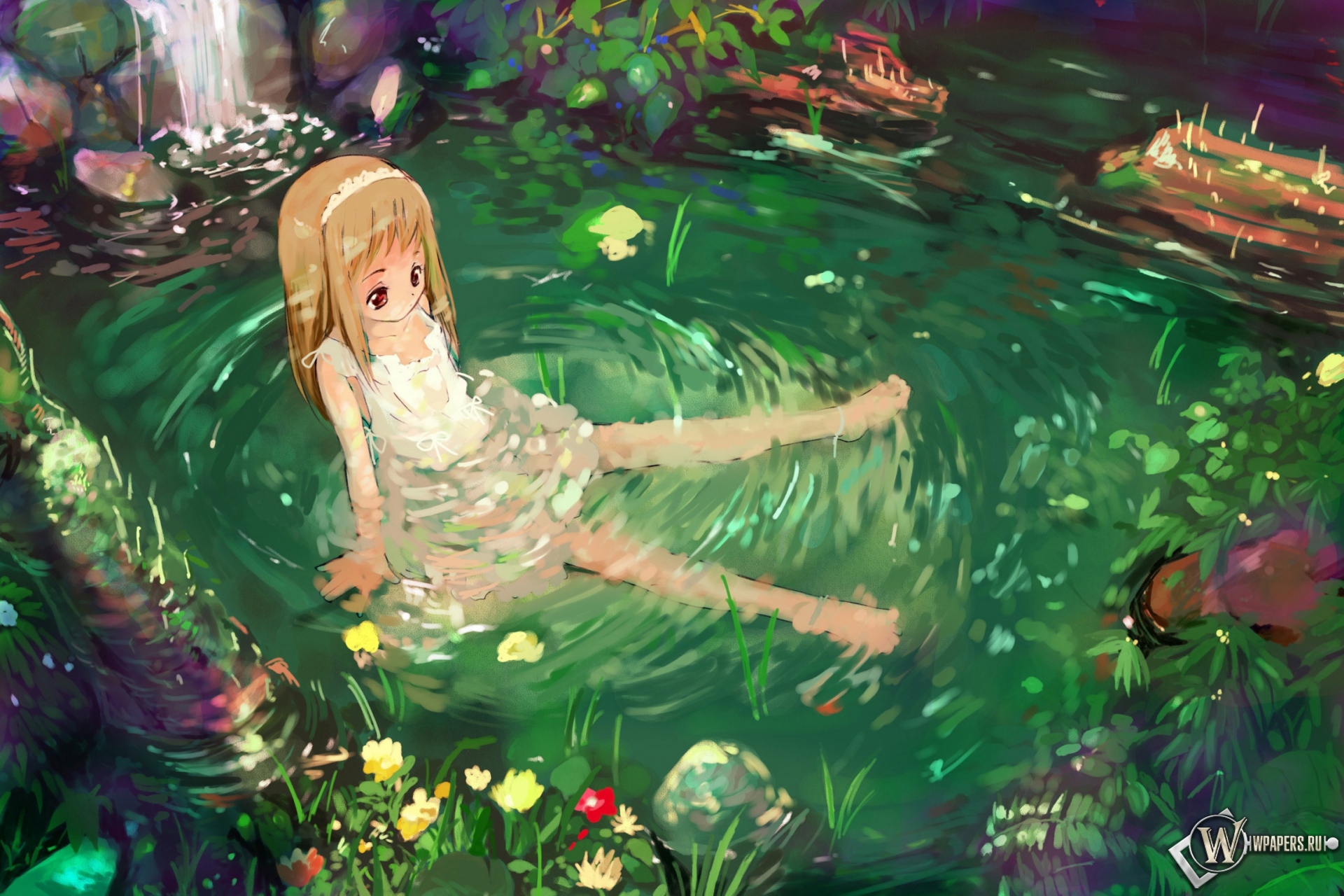 Девочка в зелёном пруду 1920x1280