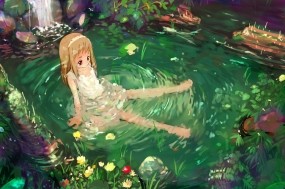 Обои Девочка в зелёном пруду: Природа, Аниме, Девочка, Аниме