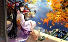 Обои Осенняя гейша: Девушка, Озеро, Осень, Гейша, Аниме
