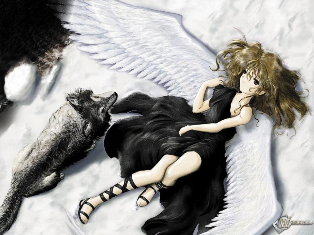 3D Ангел и волк 1024x768