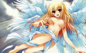 Обои Девушка ангел: Грудь, Девушка, Волосы, Крылья, Ангел, Аниме