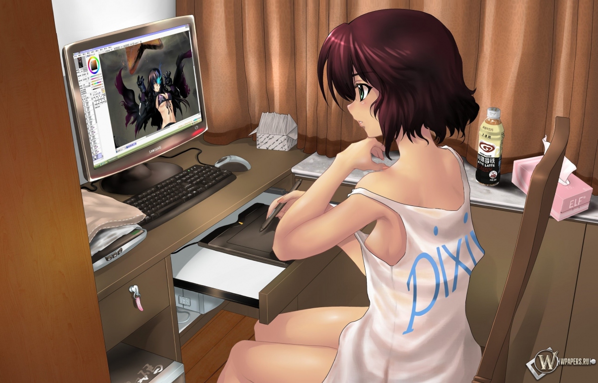 Девушка рисует за компьютером 1200x768