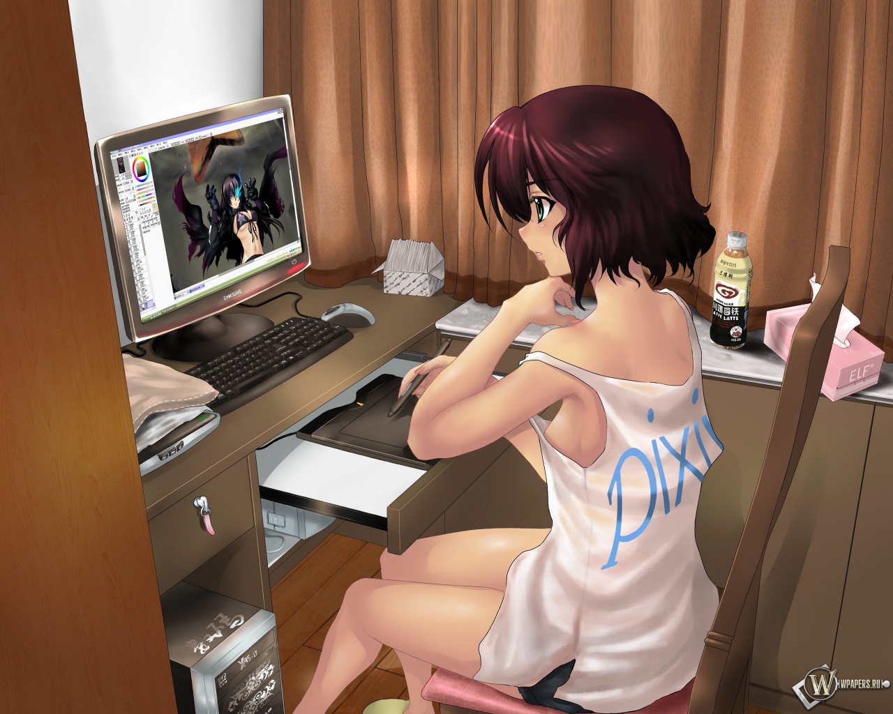 Девушка рисует за компьютером 1280x1024