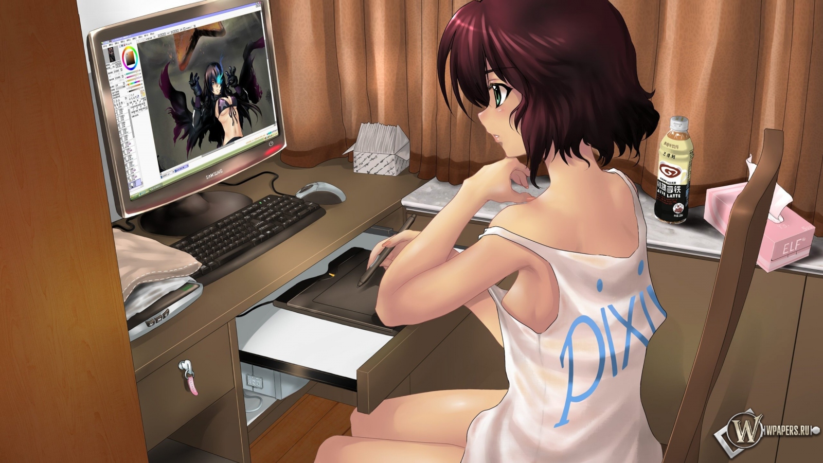 Девушка рисует за компьютером 1600x900