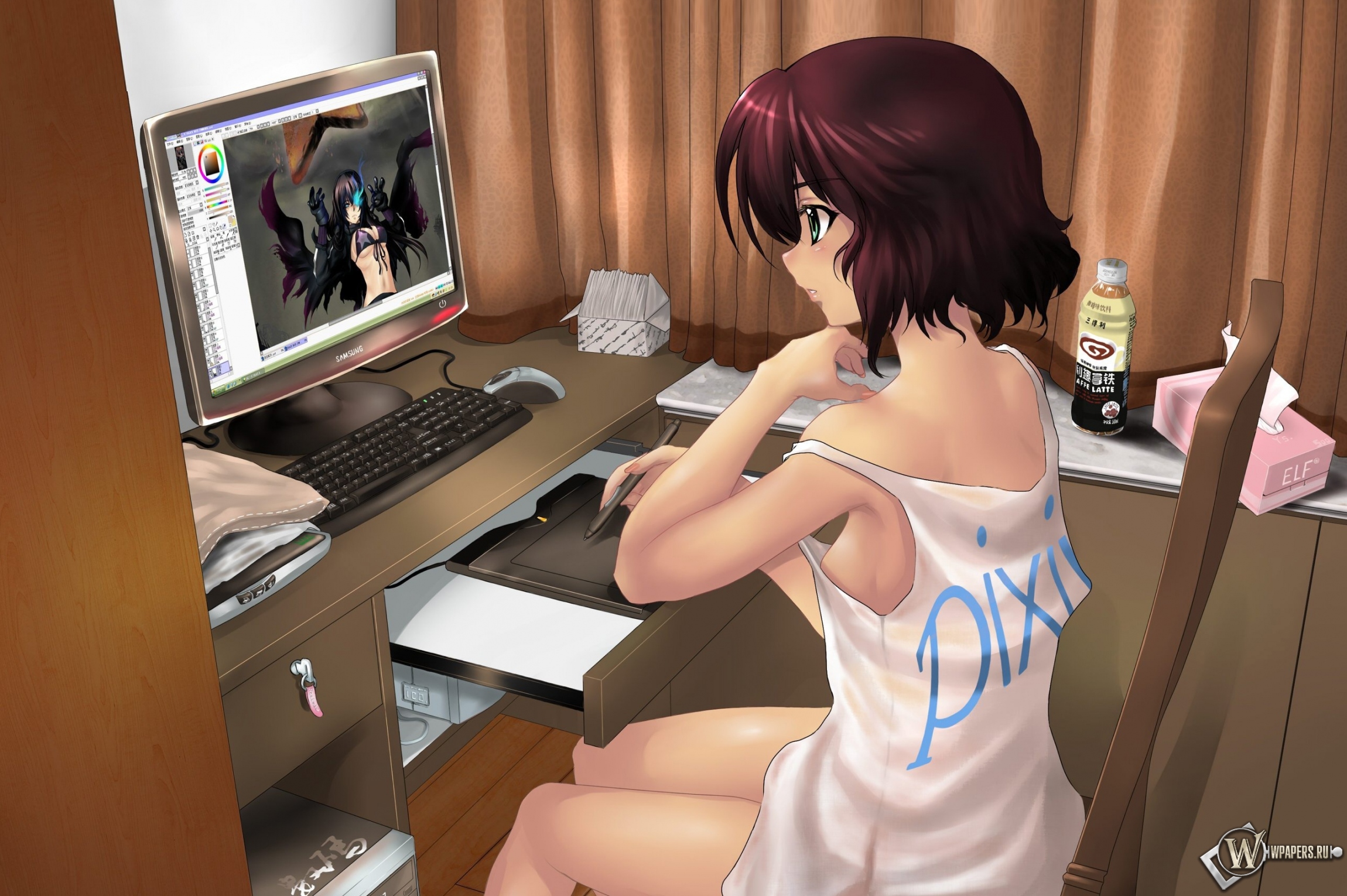 Девушка рисует за компьютером 2300x1530