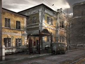 Обои Заброшенный город: Разруха, УАЗ, 3D архитектура