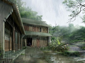 Обои Японский Дом: Дождь, Дом, Япония, Сарай, Прочая архитектура