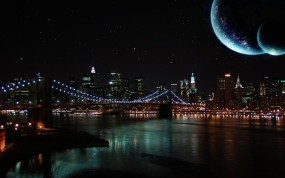 Обои Ночной город: Река, Мост, Ночь, Луна, Небо, Города и вода