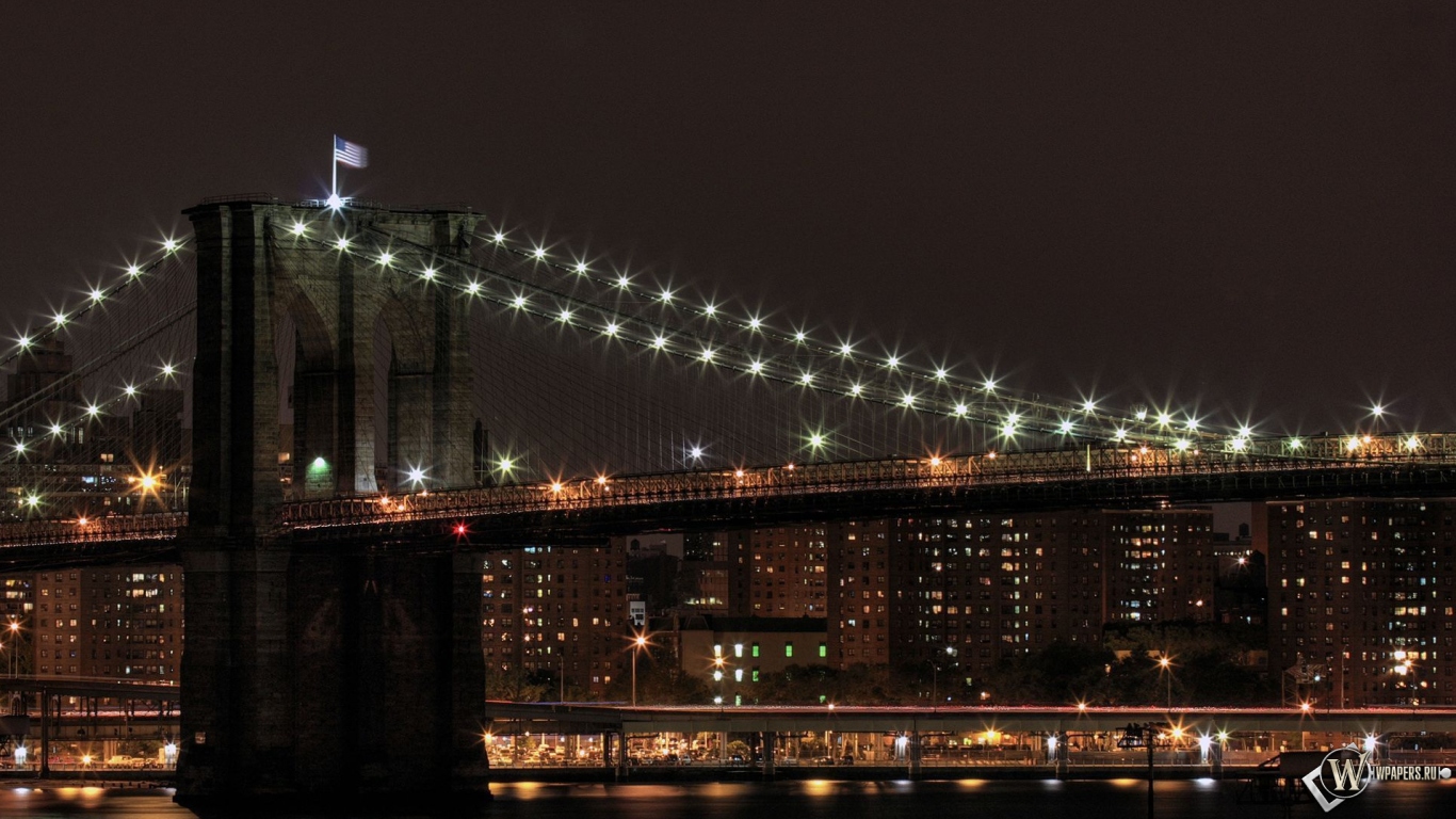 Бруклинский мост ночью 1366x768