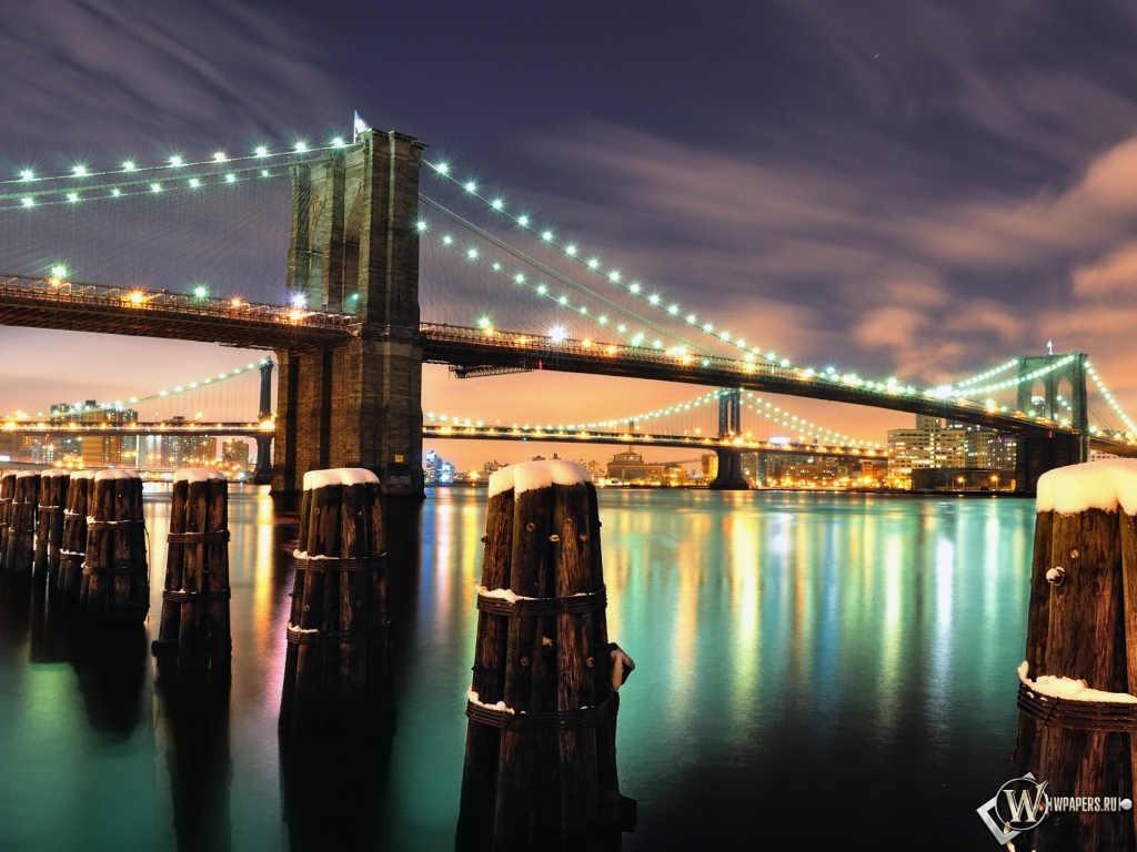 Бруклинский мост ночью 1024x768