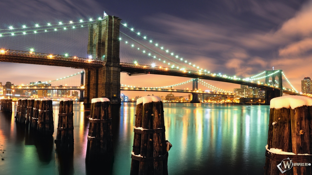 Бруклинский мост ночью 1280x720