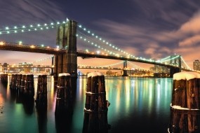 Обои Бруклинский мост ночью: Огни, Мост, Ночь, манхэттен, Города