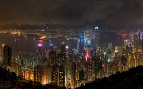 Обои Ночной Гонконг: Река, Неон, Ночь, Небоскрёбы, Гонконг, Города
