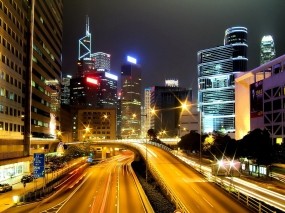 Обои Ночной Гонконг: Огни, Дорога, Ночь, Небоскрёбы, Гонконг, Города