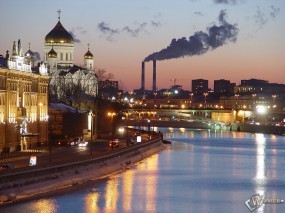 Обои Вид города Москвы: Москва, Москва река, Храм Христа Спасителя, Москва
