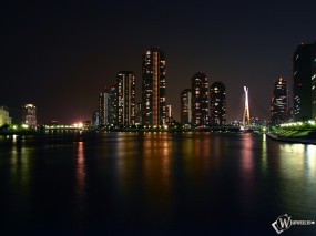 Обои Фото ночного города: Ночной город, Небоскрёбы, Города и вода