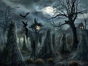 Обои Scarecrow: Ночь, Halloween, Пугало, Вороны, Фэнтези
