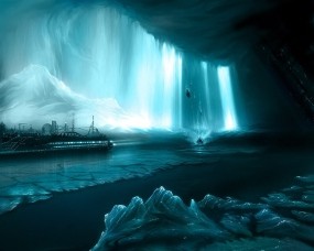 Обои Корабль в бирюзовом леднике: Свет, Лёд, Корабль, Фэнтези
