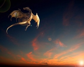 Обои Летящий дракон: Закат, Полёт, Дракон, Фентези, Фэнтези