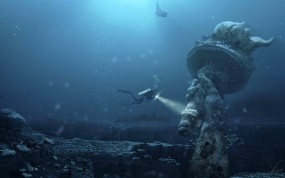 Обои Подводный Нью-Йорк: Фэнтези, Аквалангист, Будущее, Статуя, Фэнтези