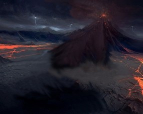 Обои Тёмный вулкан: Лава, Вулкан, Молнии, Фэнтези