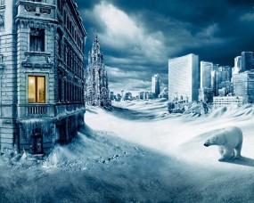 Обои Заснеженный город: Зима, Снег, Медведь, Катастрофа, Фэнтези