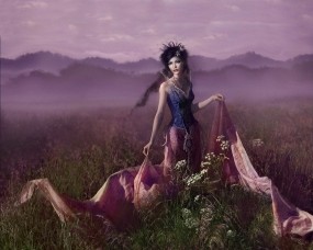 Обои Девушка в поле: Платье, Туман, Поле, Трава, Фэнтези