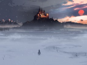 Обои Замок зимой: Зима, Снег, Поле, Человек, Замок, Фэнтези