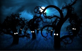 Обои Деревья с глазами: Деревья, Глаза, Луна, Рисунок, Небо, Синий, Фэнтези