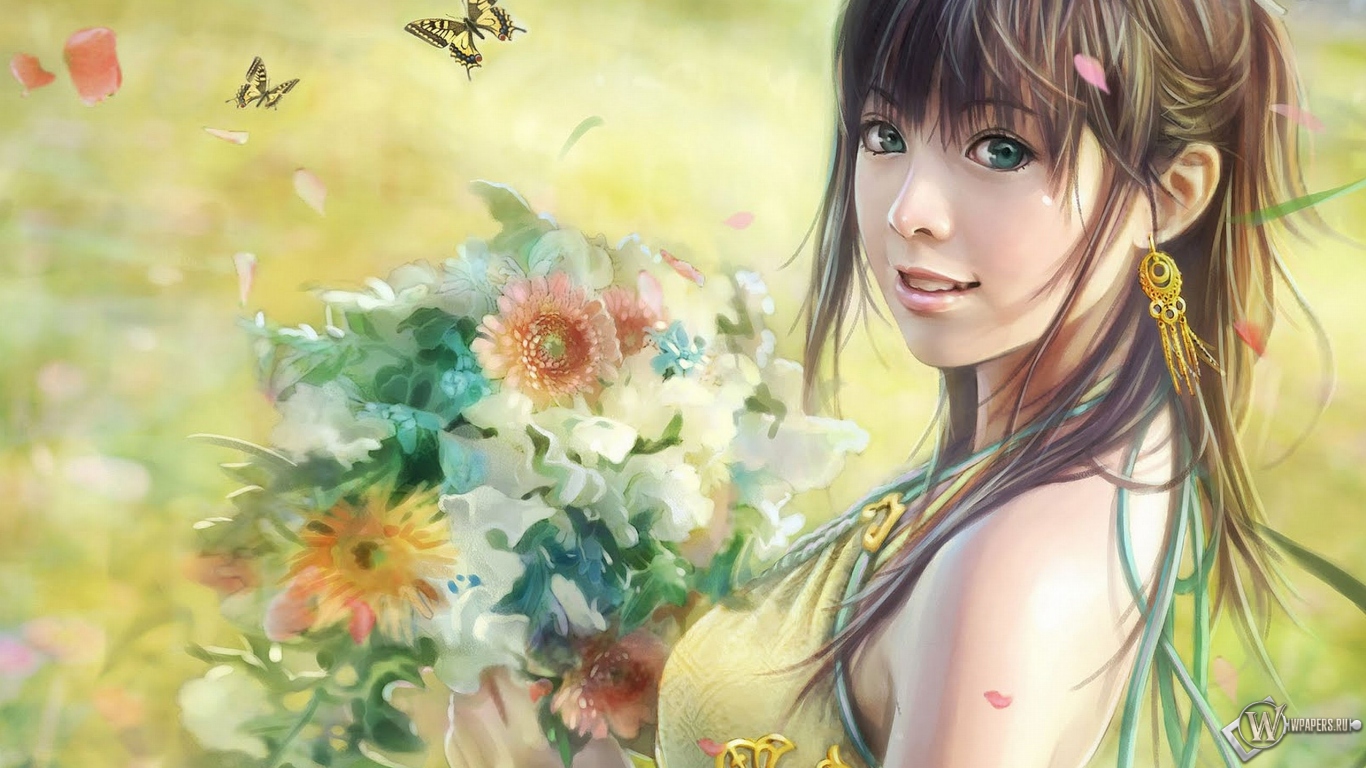 Девушка с цветами (i-chen lin) 1366x768
