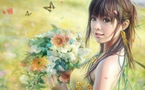 Обои Девушка с цветами (i-chen lin): Рисунок, Цветы, Бабочки, Букет, Фэнтези - Девушки