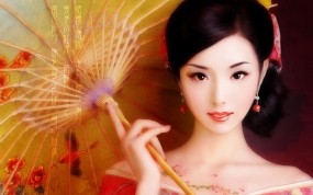 Обои Японский макияж: Девушка, Взгляд, Макияж, Рисунок, Зонт, Фэнтези - Девушки