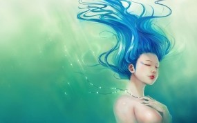 Обои Девушка из воды: Волосы, Синий, Зелёный, Фэнтези - Девушки