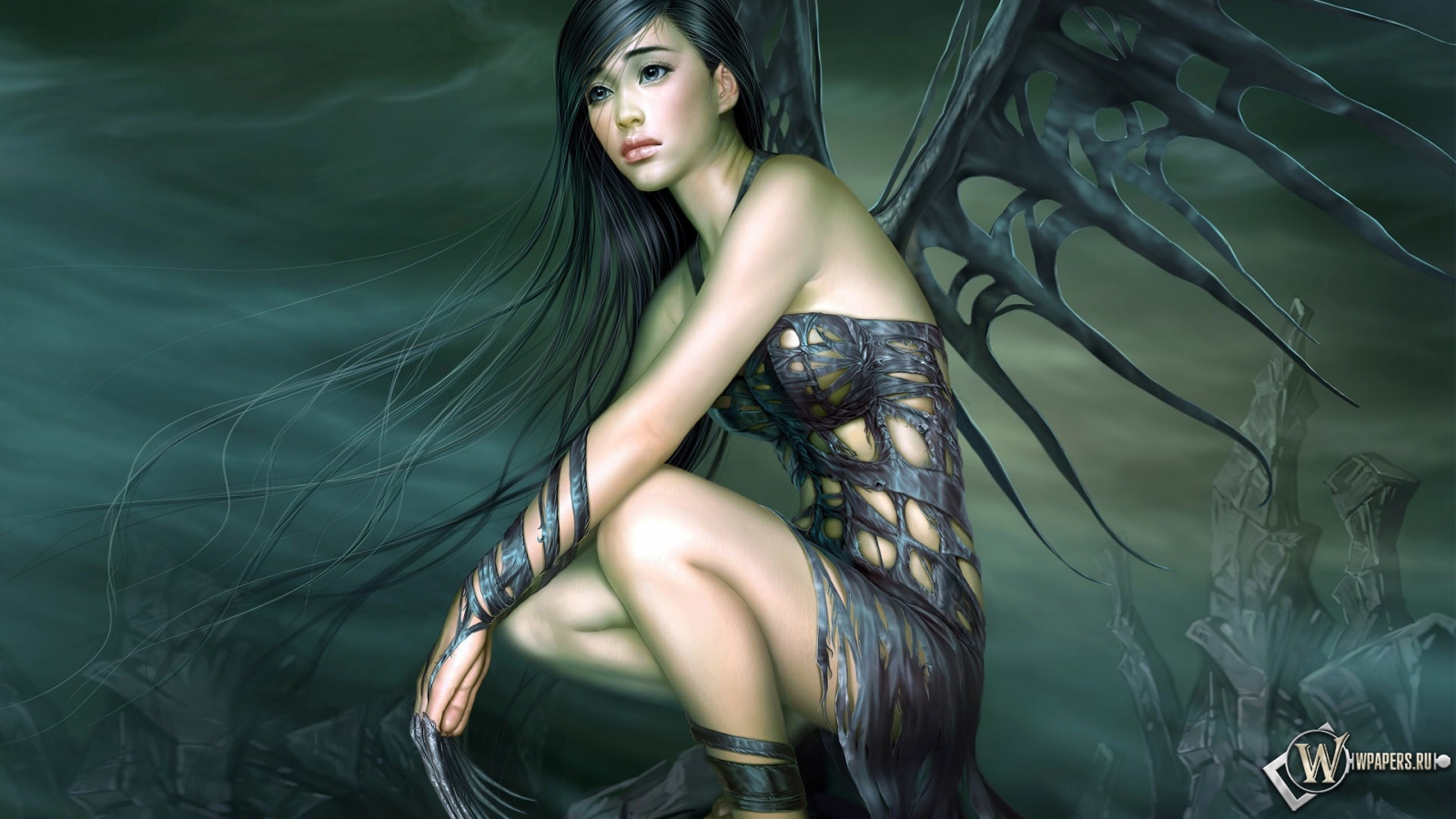 Девушка с черными крыльями 1600x900