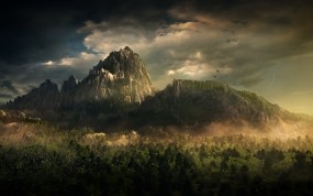 Обои Mountain landscape: Облака, Горы, Лес, Фэнтези - Природа