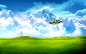 Обои Летающий островок: Облака, Зелень, Остров, Поле, Трава, Небо, Фэнтези - Природа