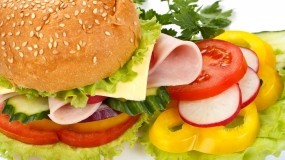 Обои Красочный гамбургер: Еда, Сыр, огурец, Ветчина, Еда
