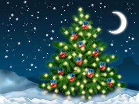 Обои Ёлка под луной: Зима, Ночь, Елка, Праздник, Игрушки, Новый год
