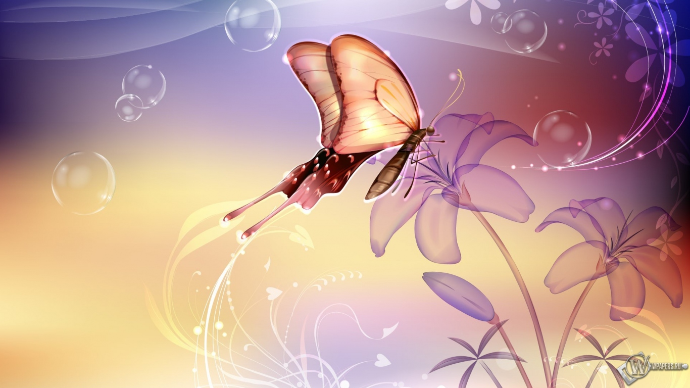 Бабочка на лилии 1366x768