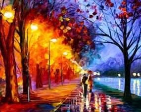 Обои Пара под зонтом: Любовь, Картина, Пара, Рисунок, Масло, Настроения